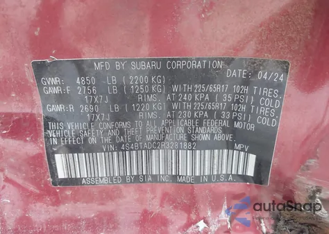 2024 Subaru Outback Premium z USA, uszkodzony, nr VIN 4S4BTADC2R3281882